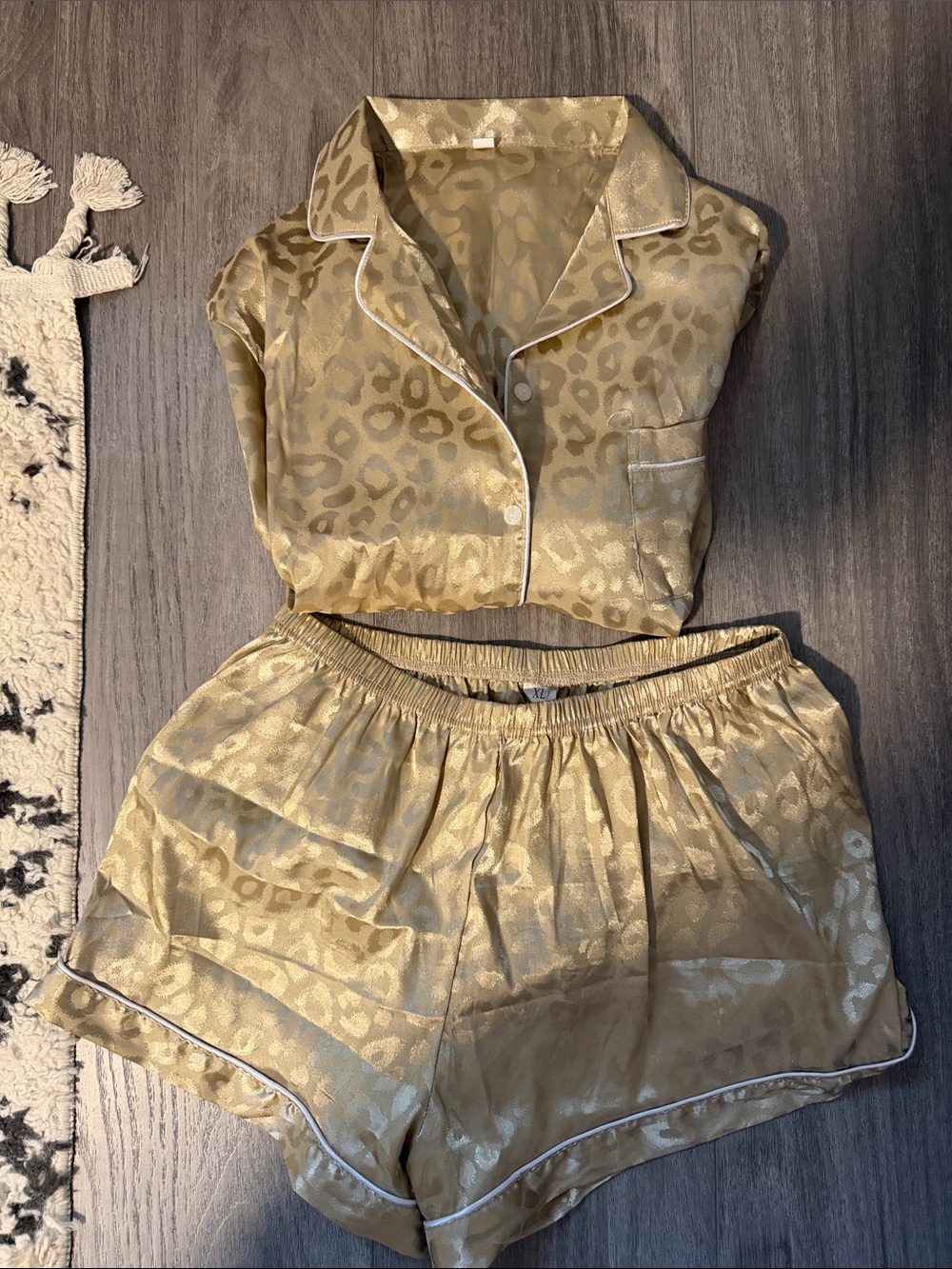 Gold cheetah print satin pajama short set